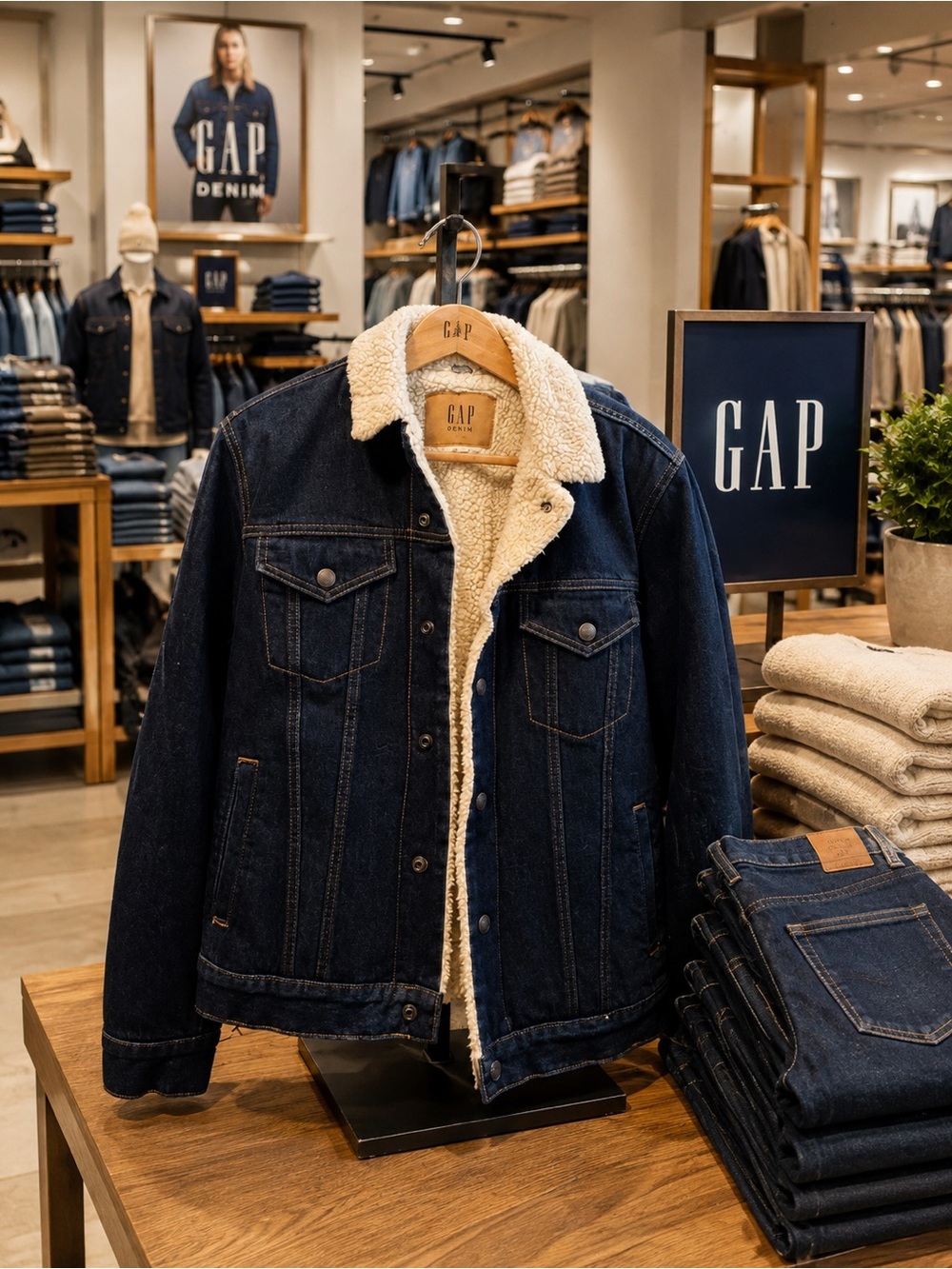GAP Men's Dark Blue Denim Sherpa-Lined Bomber Jacket